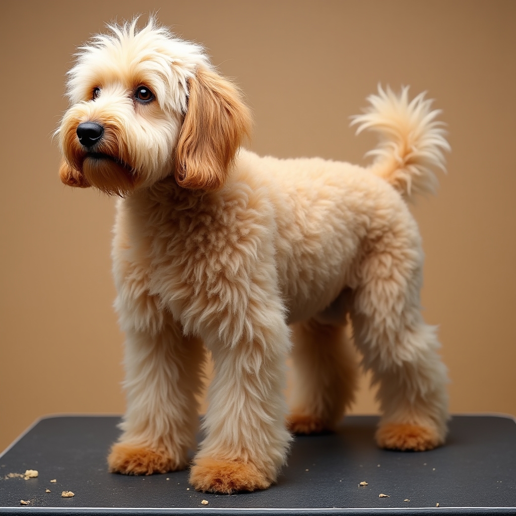 Scruffy golden doodle with matted, unkempt coat before grooming