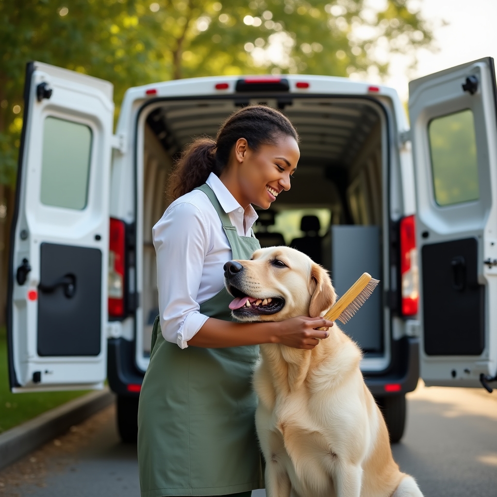 Smiling female groomer in a green apron carefully brushing a relaxed Labrador near a mobile grooming van in a residential driveway